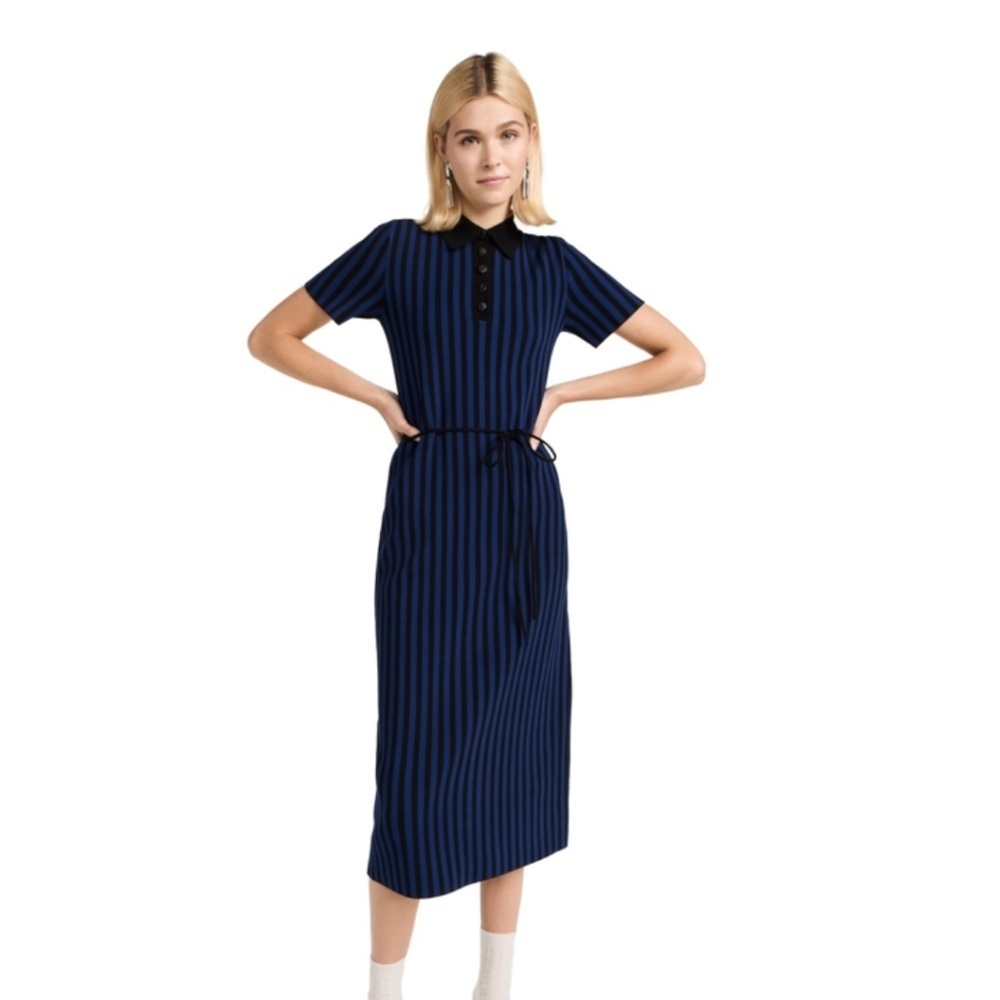 Tory Burch Striped Ribbed Polo Midi-Dress Blue Black - Size Medium
